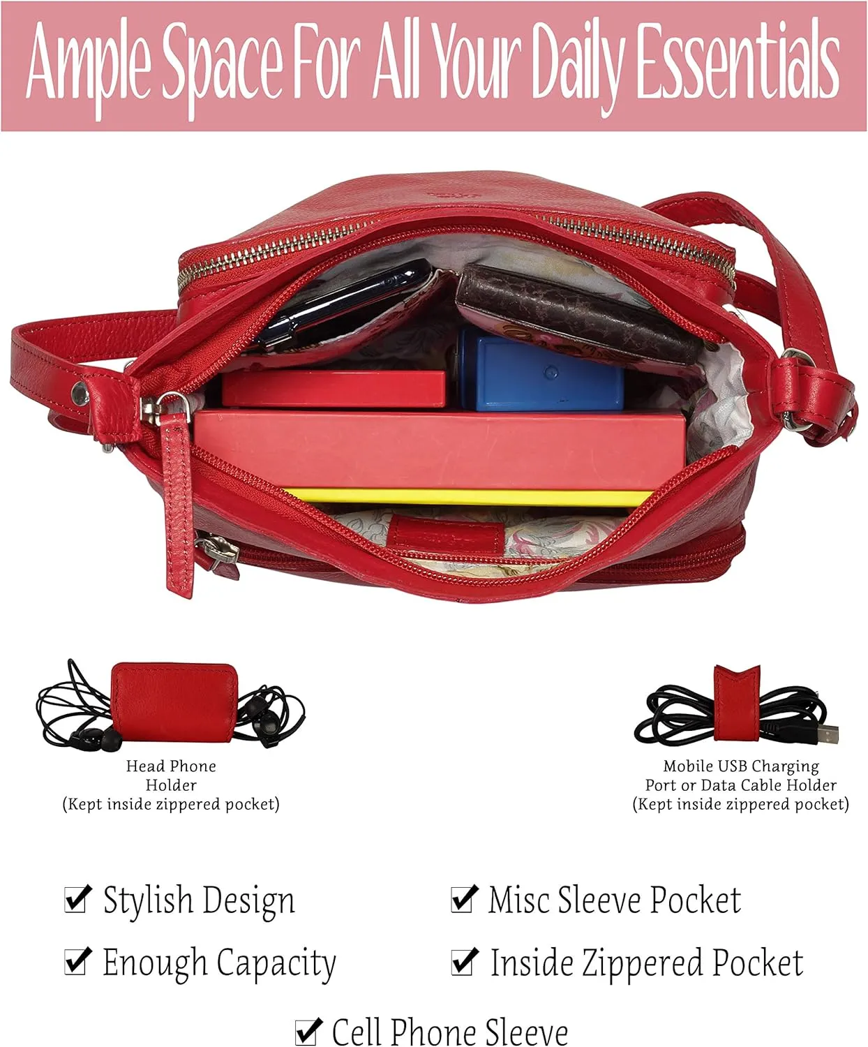 Mou Meraki Genuine Leather Crossbody Purse and Handbags - Crossover Bag Over the Shoulder Women