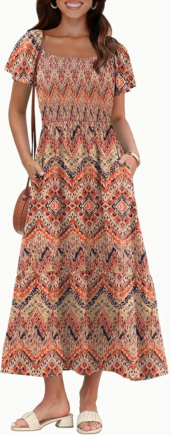 OFEEFAN Summer Dresses for Women Square Neck Ruffle Sleeve Smocked Maxi Dress with Pockets
