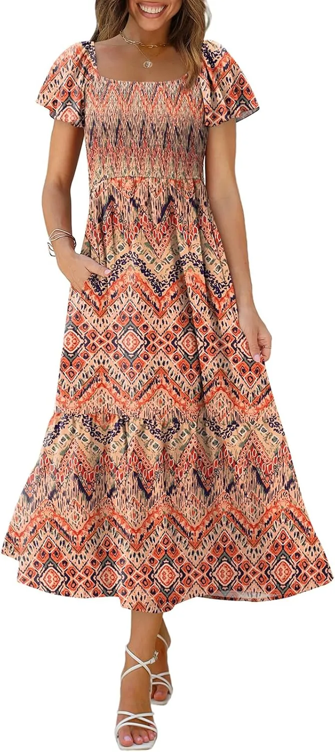 OFEEFAN Summer Dresses for Women Square Neck Ruffle Sleeve Smocked Maxi Dress with Pockets