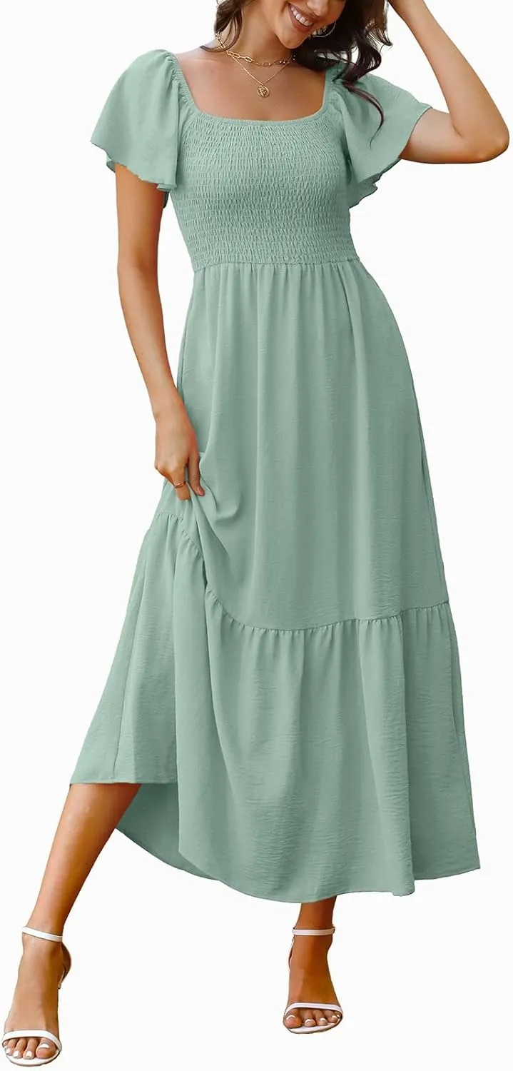 OFEEFAN Summer Dresses for Women Square Neck Ruffle Sleeve Smocked Maxi Dress with Pockets