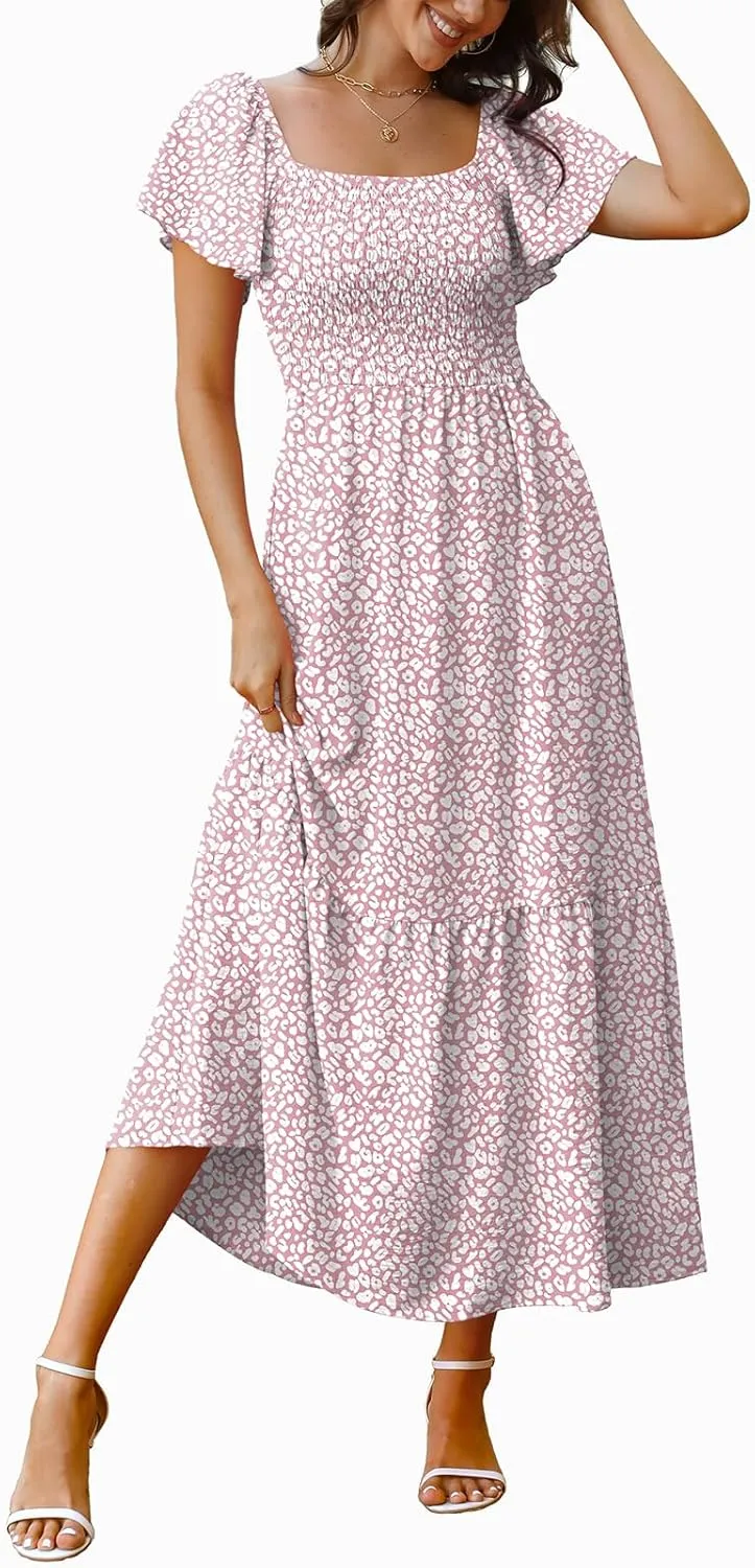 OFEEFAN Summer Dresses for Women Square Neck Ruffle Sleeve Smocked Maxi Dress with Pockets
