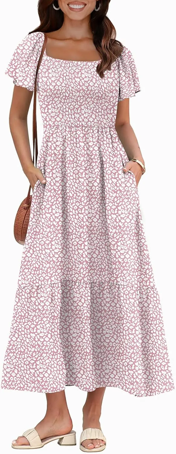 OFEEFAN Summer Dresses for Women Square Neck Ruffle Sleeve Smocked Maxi Dress with Pockets
