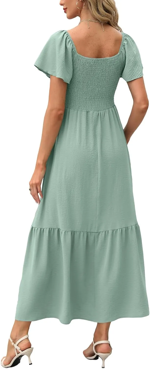 OFEEFAN Summer Dresses for Women Square Neck Ruffle Sleeve Smocked Maxi Dress with Pockets