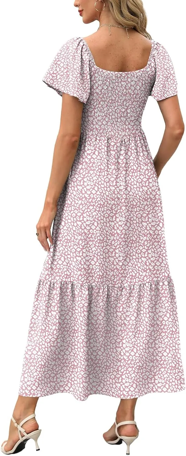 OFEEFAN Summer Dresses for Women Square Neck Ruffle Sleeve Smocked Maxi Dress with Pockets