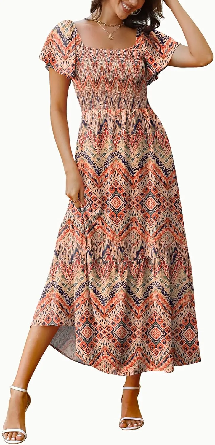 OFEEFAN Summer Dresses for Women Square Neck Ruffle Sleeve Smocked Maxi Dress with Pockets