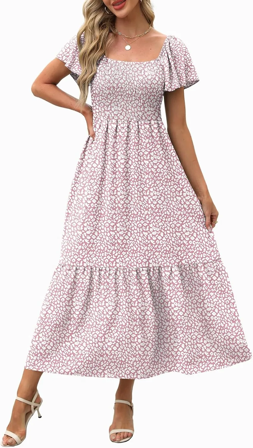 OFEEFAN Summer Dresses for Women Square Neck Ruffle Sleeve Smocked Maxi Dress with Pockets