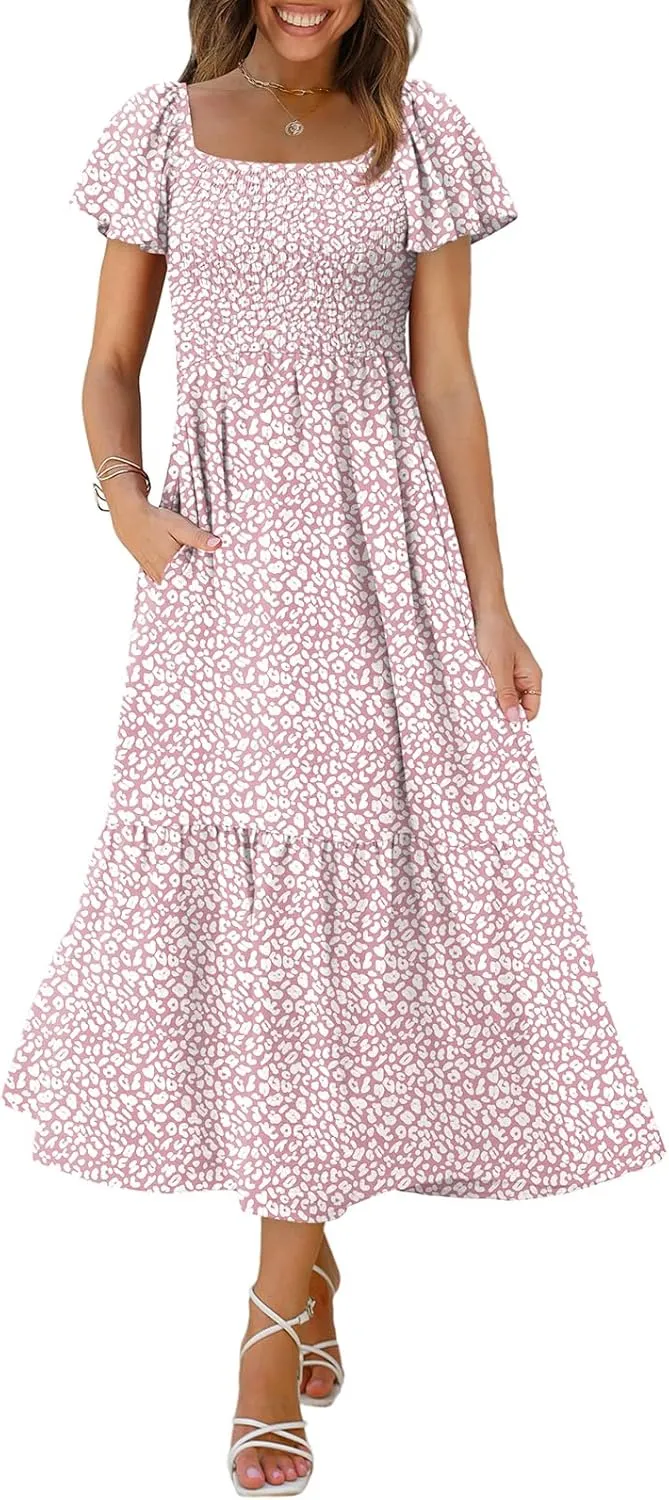 OFEEFAN Summer Dresses for Women Square Neck Ruffle Sleeve Smocked Maxi Dress with Pockets