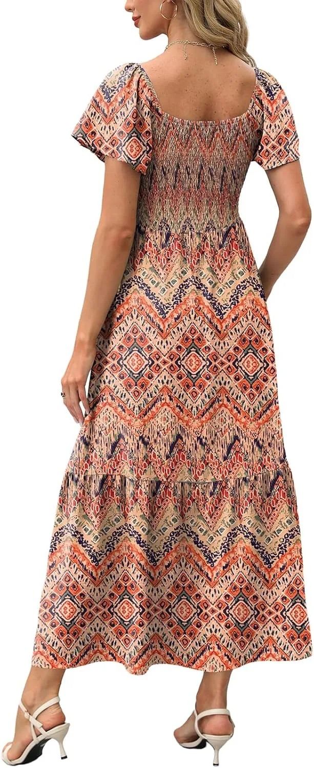 OFEEFAN Summer Dresses for Women Square Neck Ruffle Sleeve Smocked Maxi Dress with Pockets