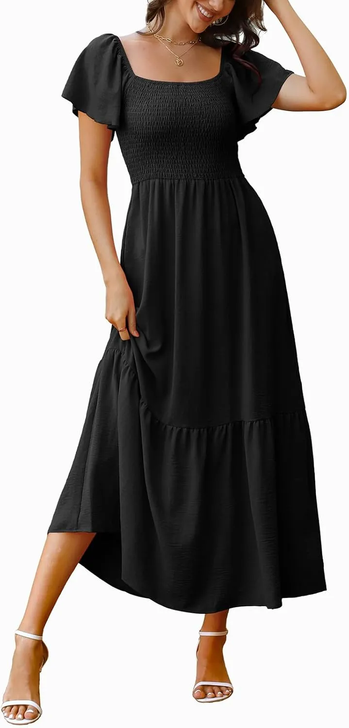 OFEEFAN Summer Dresses for Women Square Neck Ruffle Sleeve Smocked Maxi Dress with Pockets