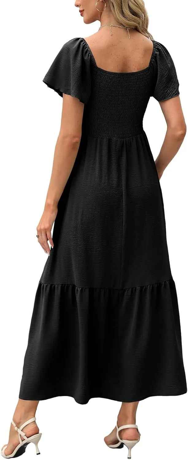 OFEEFAN Summer Dresses for Women Square Neck Ruffle Sleeve Smocked Maxi Dress with Pockets