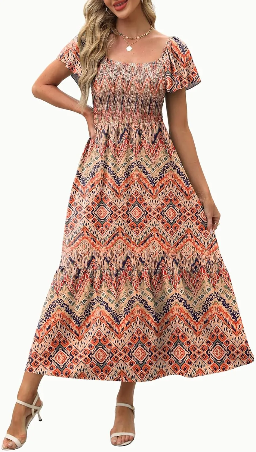 OFEEFAN Summer Dresses for Women Square Neck Ruffle Sleeve Smocked Maxi Dress with Pockets