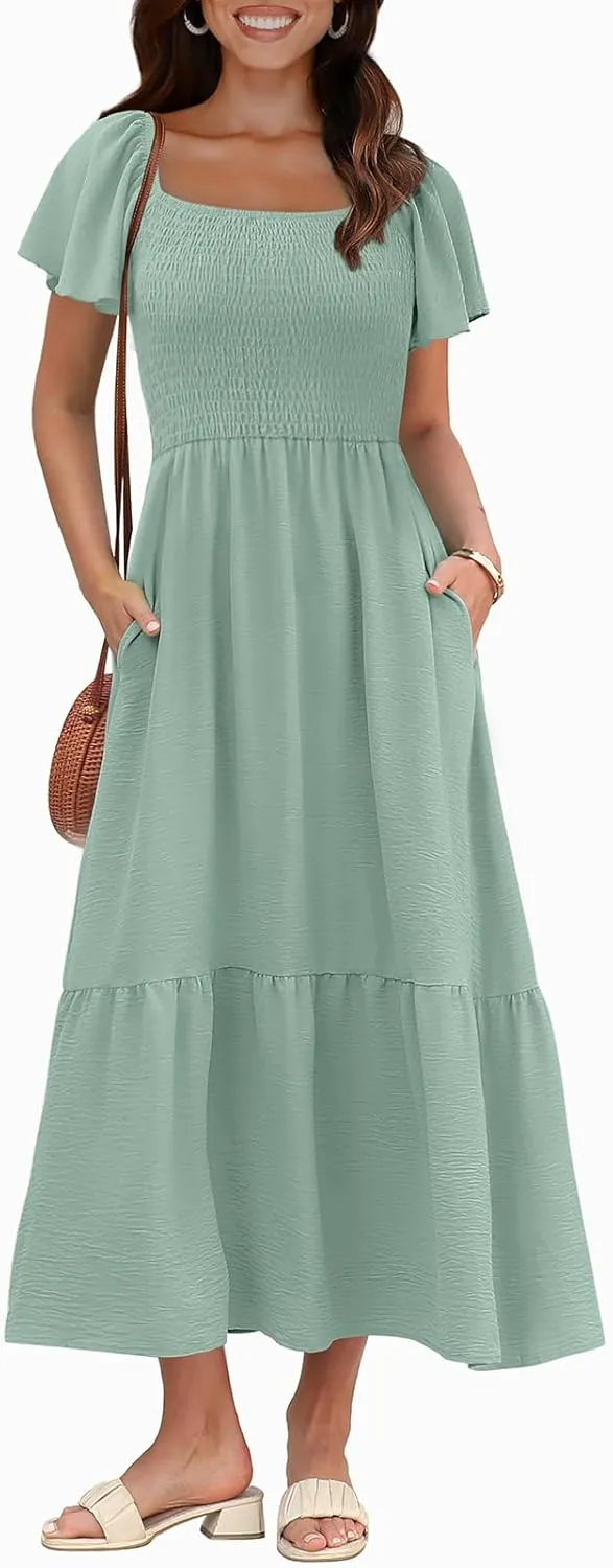 OFEEFAN Summer Dresses for Women Square Neck Ruffle Sleeve Smocked Maxi Dress with Pockets