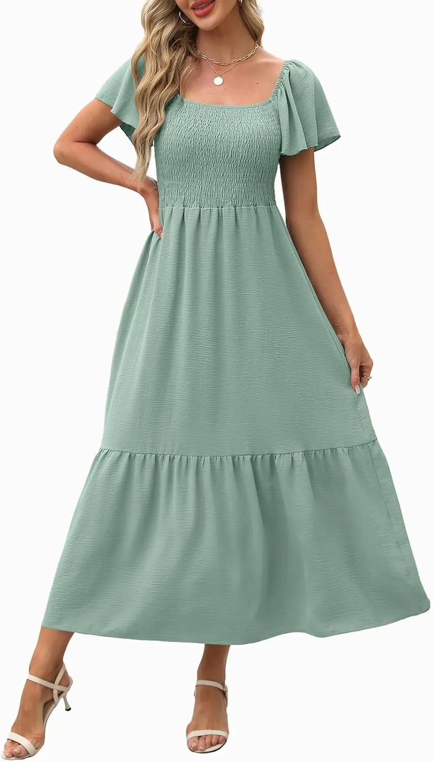 OFEEFAN Summer Dresses for Women Square Neck Ruffle Sleeve Smocked Maxi Dress with Pockets