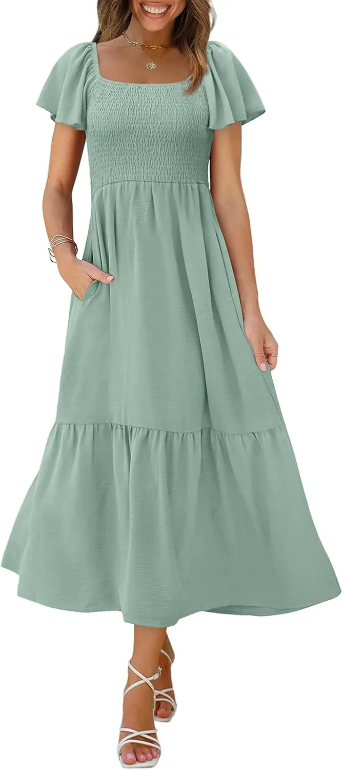 OFEEFAN Summer Dresses for Women Square Neck Ruffle Sleeve Smocked Maxi Dress with Pockets