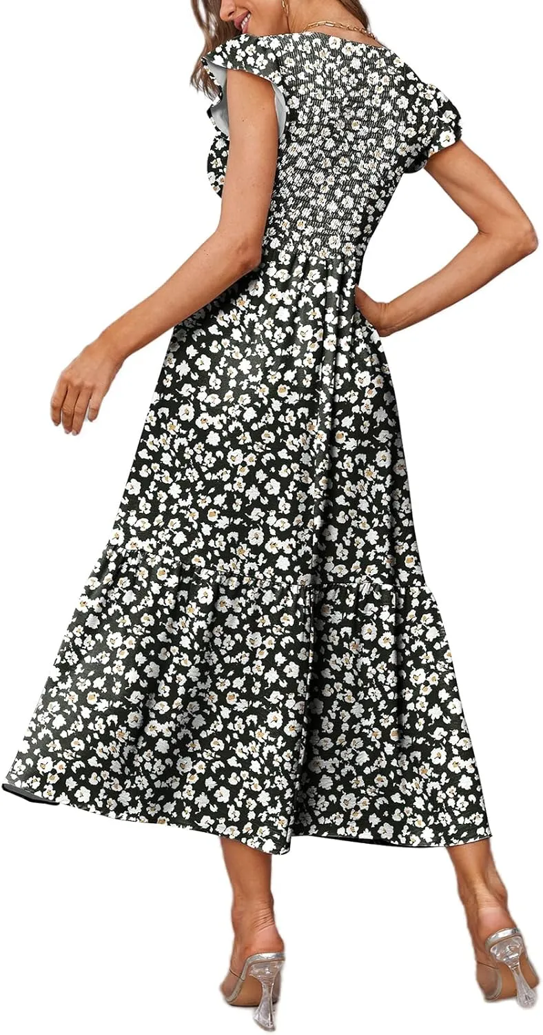 OFEEFAN Women's Casual Maxi Dresses with Pockets Ruffle Sleeve Smocked Dress XS-2XL