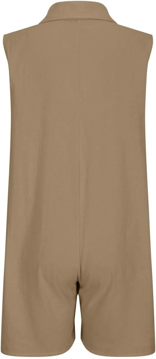 Oplxuo Women's Cotton Linen Shorts Romper Summer Loose Button Front Collared V Neck Sleeveless Tank Jumpsuits with Pockets