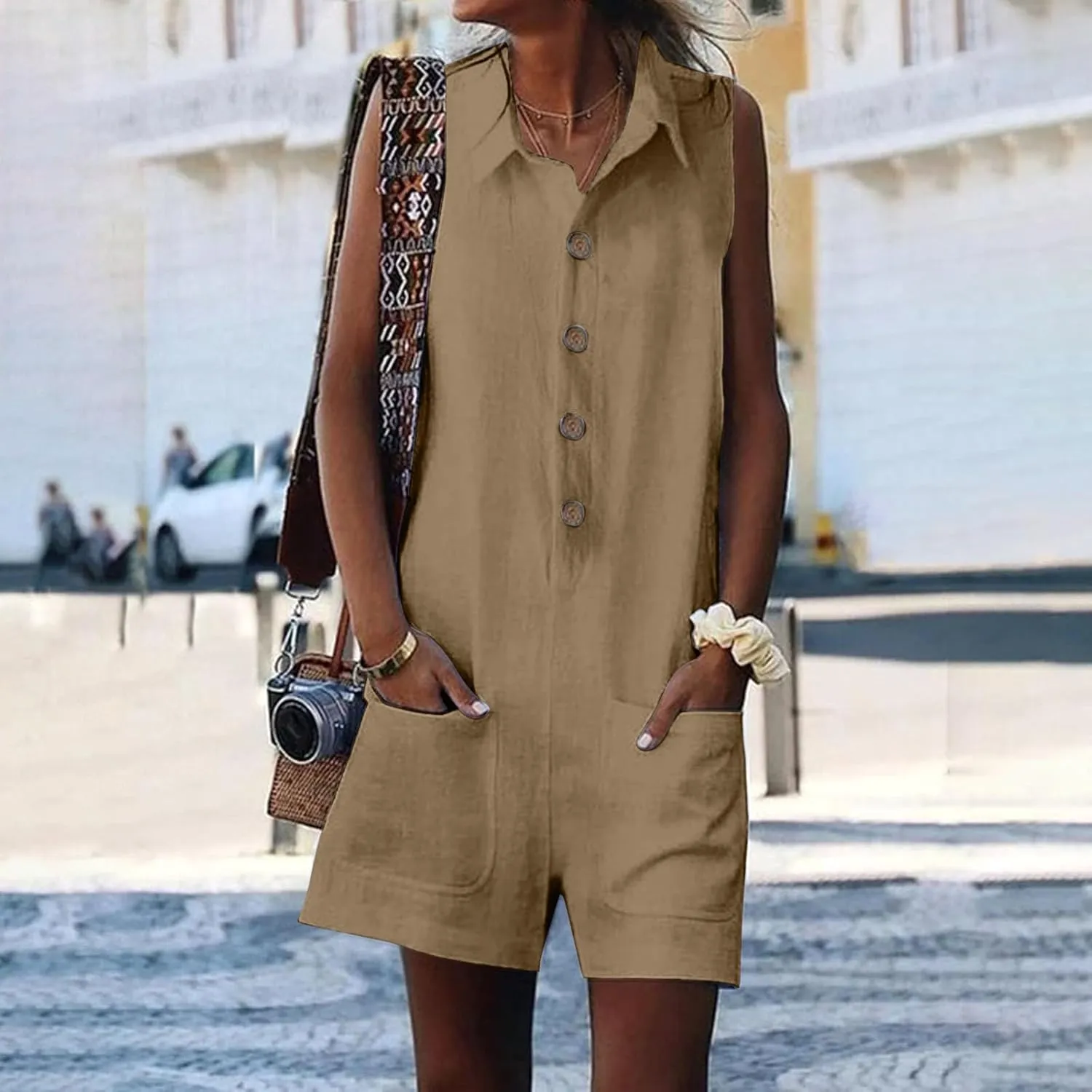 Oplxuo Women's Cotton Linen Shorts Romper Summer Loose Button Front Collared V Neck Sleeveless Tank Jumpsuits with Pockets