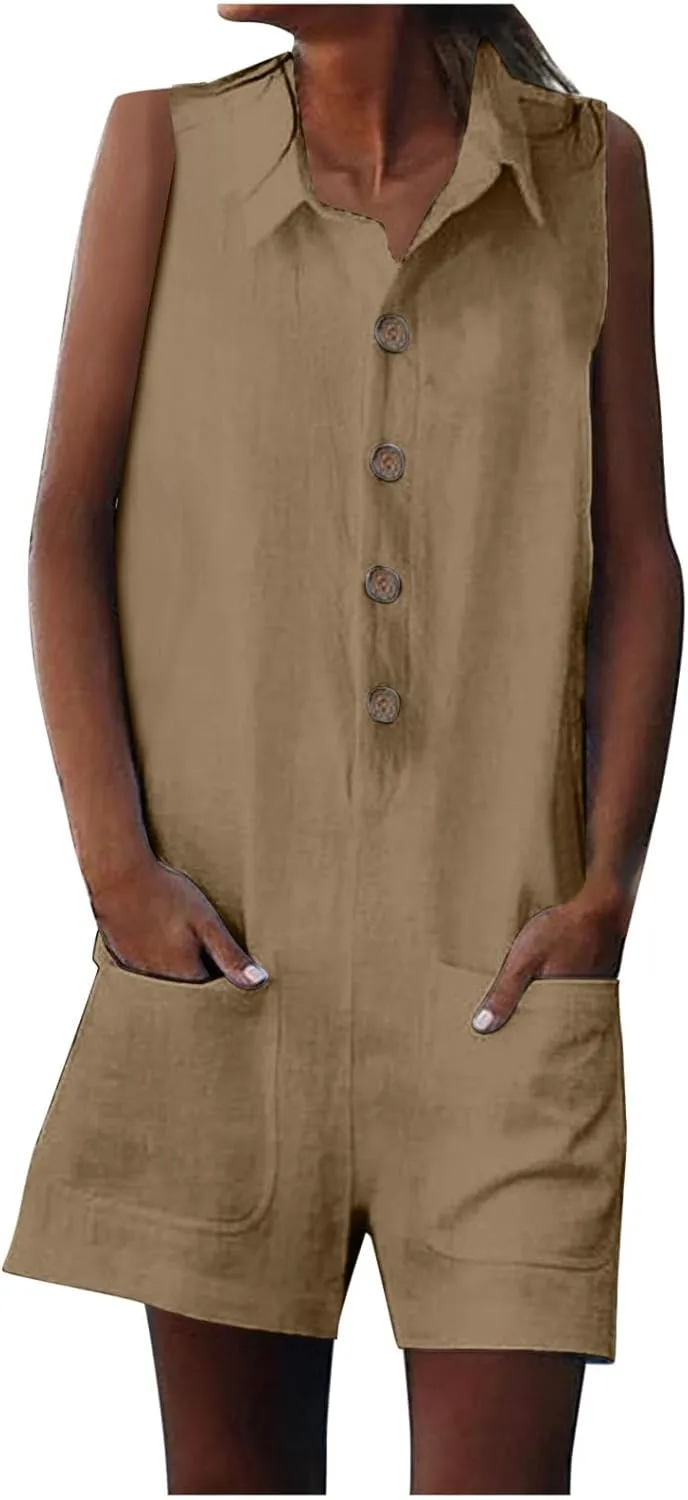 Oplxuo Women's Cotton Linen Shorts Romper Summer Loose Button Front Collared V Neck Sleeveless Tank Jumpsuits with Pockets