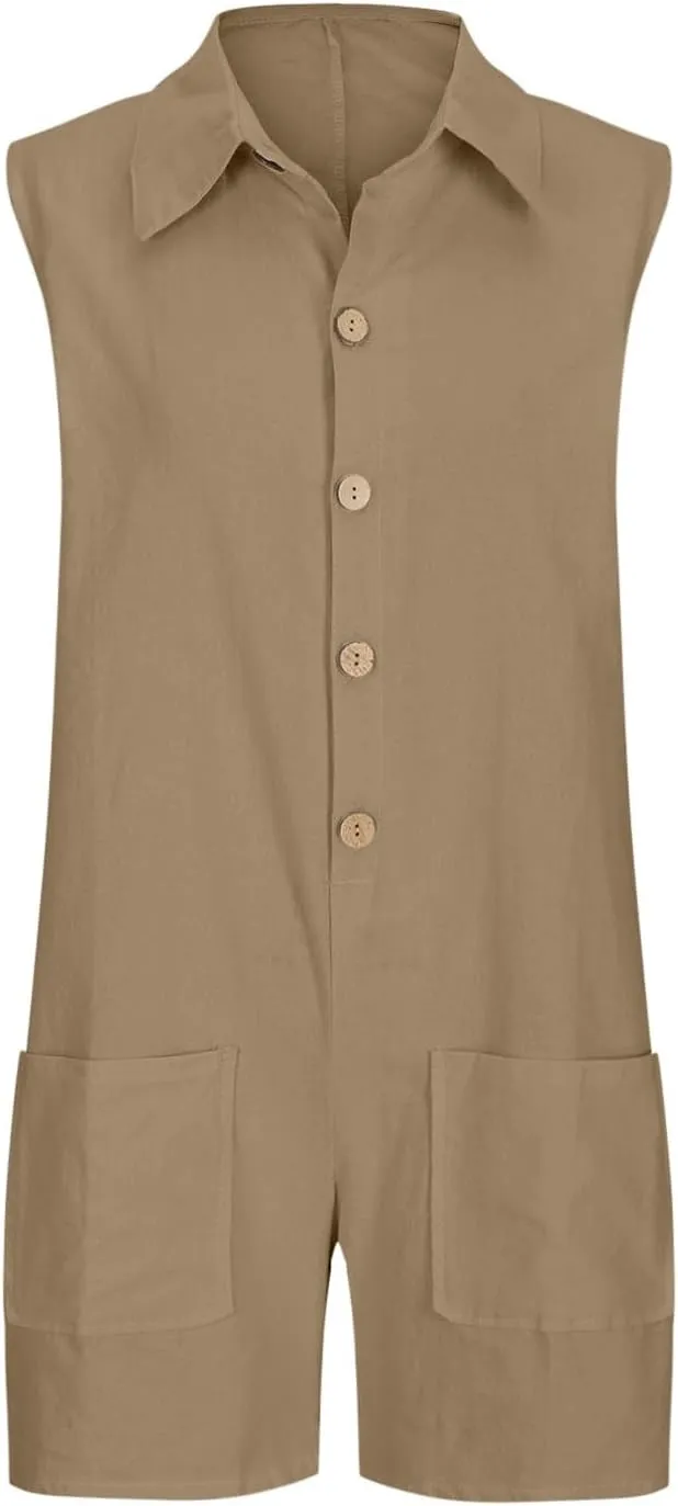 Oplxuo Women's Cotton Linen Shorts Romper Summer Loose Button Front Collared V Neck Sleeveless Tank Jumpsuits with Pockets