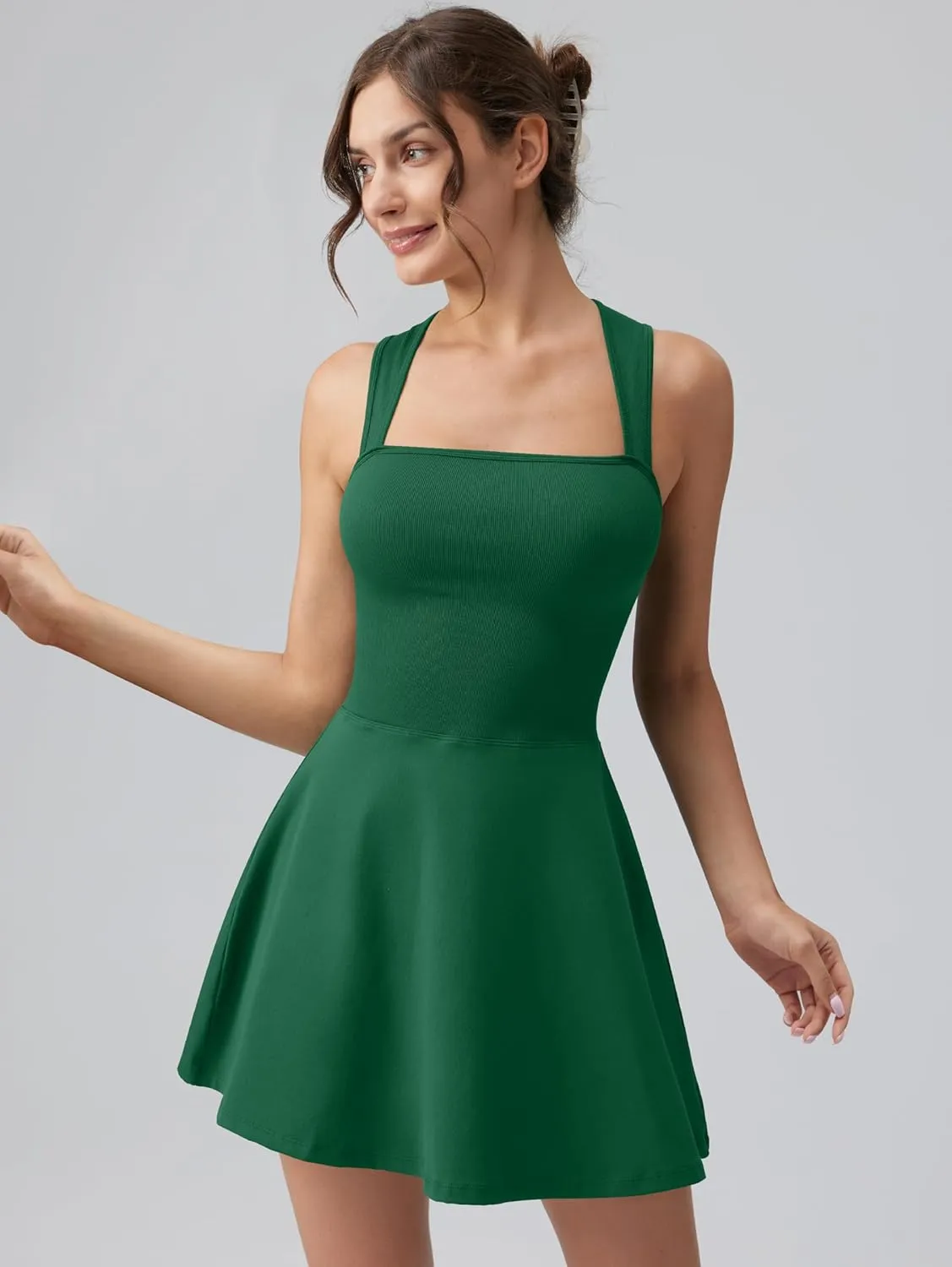OQQ Women's Square Neck A-line Dress Sleeveless Tank Top Stretch Flare Mini Dresses