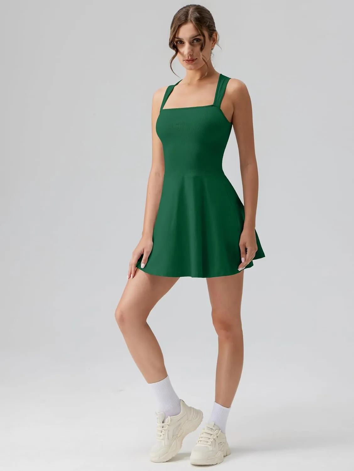OQQ Women's Square Neck A-line Dress Sleeveless Tank Top Stretch Flare Mini Dresses