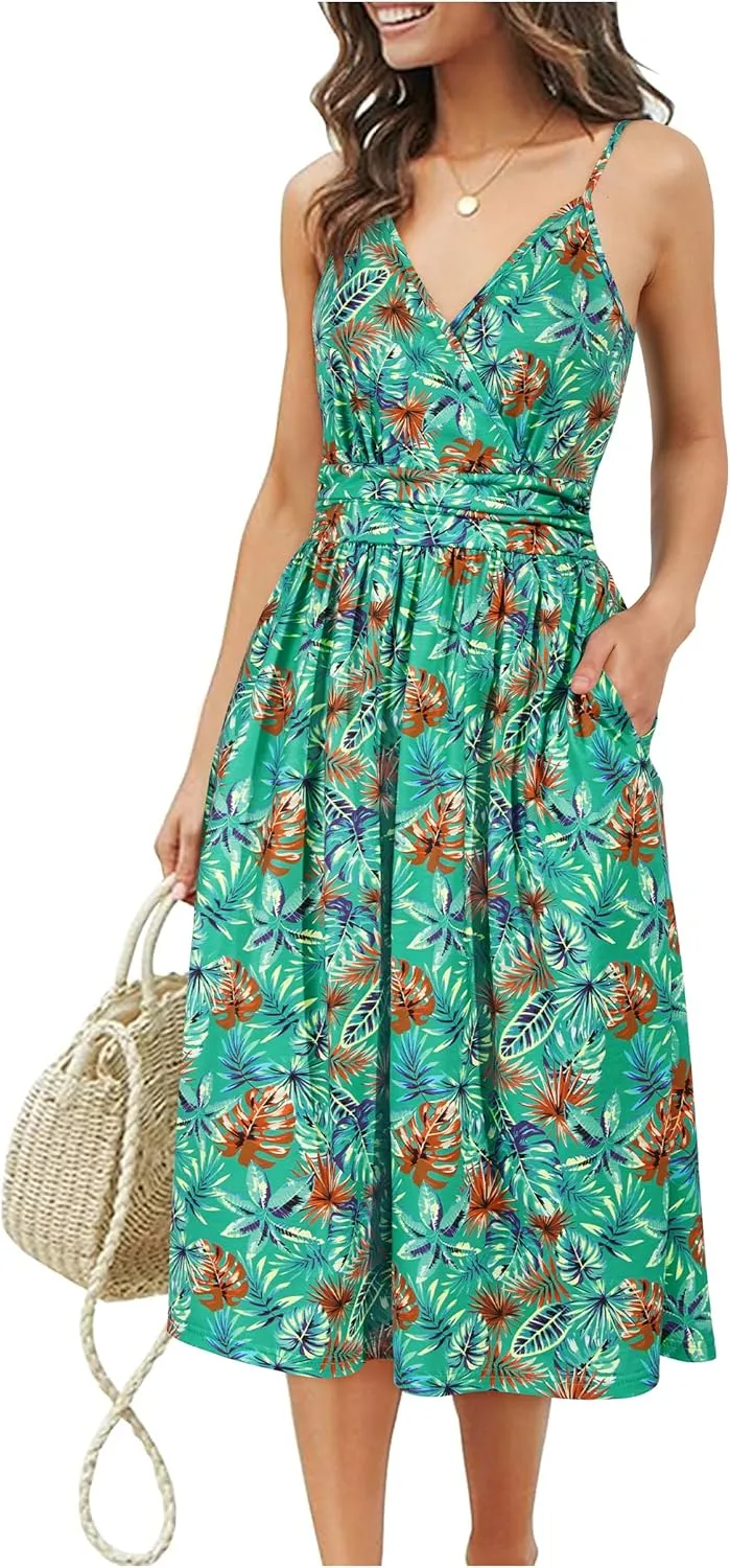 OUGES Women's Summer Spaghetti Strap V-Neck Floral Short Party Dress with Pockets