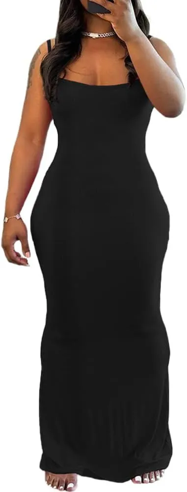 PINSV Women Summer Long Dress Casual Slip Sexy Sleeveless Bodycon Maxi Dresses for Women
