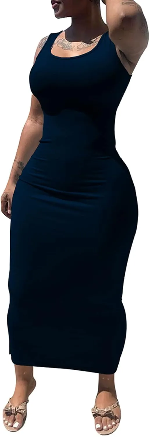 PINSV Women's Sexy Bodycon Tank Dress Basic Sleeveless Long Maxi Dresses Party Club Beach Sundresses