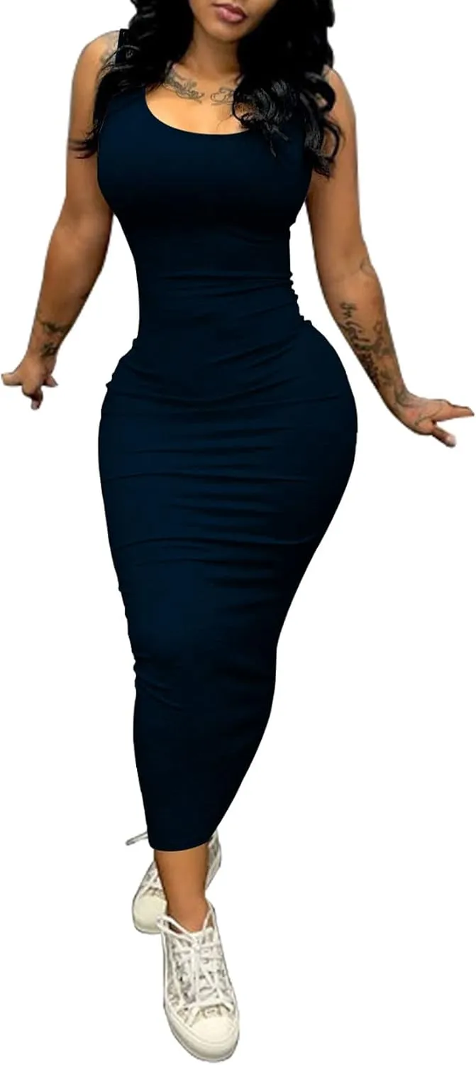 PINSV Women's Sexy Bodycon Tank Dress Basic Sleeveless Long Maxi Dresses Party Club Beach Sundresses