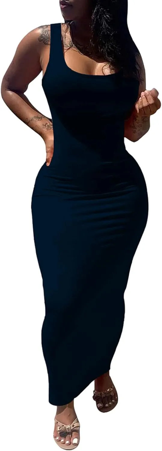 PINSV Women's Sexy Bodycon Tank Dress Basic Sleeveless Long Maxi Dresses Party Club Beach Sundresses