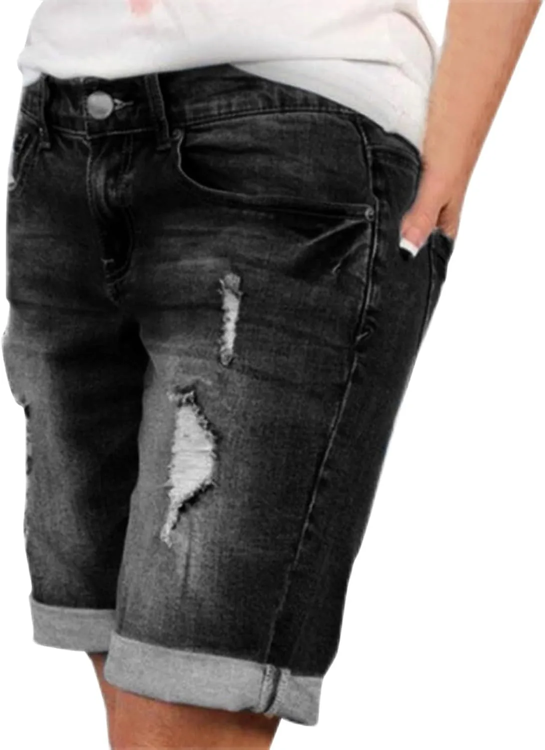 Plus Size Denim Shorts Women High Waisted Ripped Jean Shorts Stretchy Folded Hem Short Jean Distressed Sexy Mini Jean Shorts