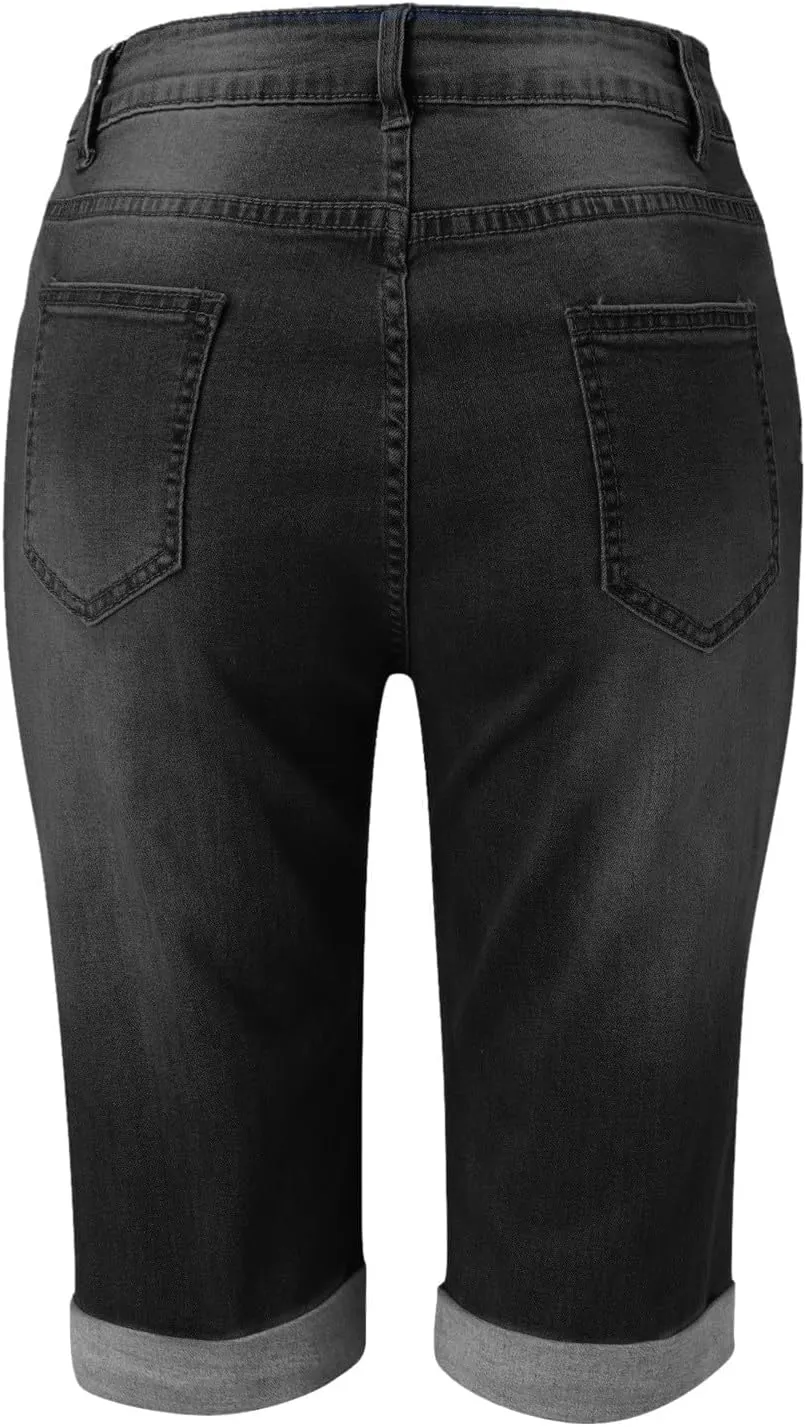 Plus Size Denim Shorts Women High Waisted Ripped Jean Shorts Stretchy Folded Hem Short Jean Distressed Sexy Mini Jean Shorts