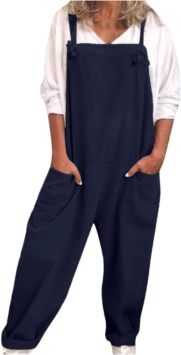 Plus Size Overalls for Women Loose Fit Casual Bib Overalls Adjustable Straps Button Sleeveless Jumpsuit with Pockets