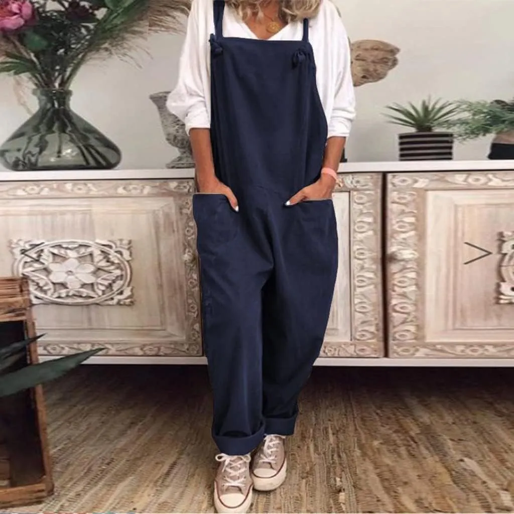 Plus Size Overalls for Women Loose Fit Casual Bib Overalls Adjustable Straps Button Sleeveless Jumpsuit with Pockets