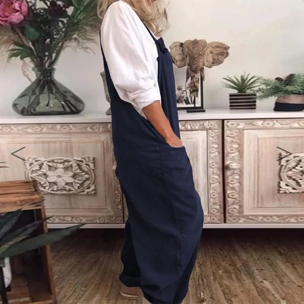 Plus Size Overalls for Women Loose Fit Casual Bib Overalls Adjustable Straps Button Sleeveless Jumpsuit with Pockets