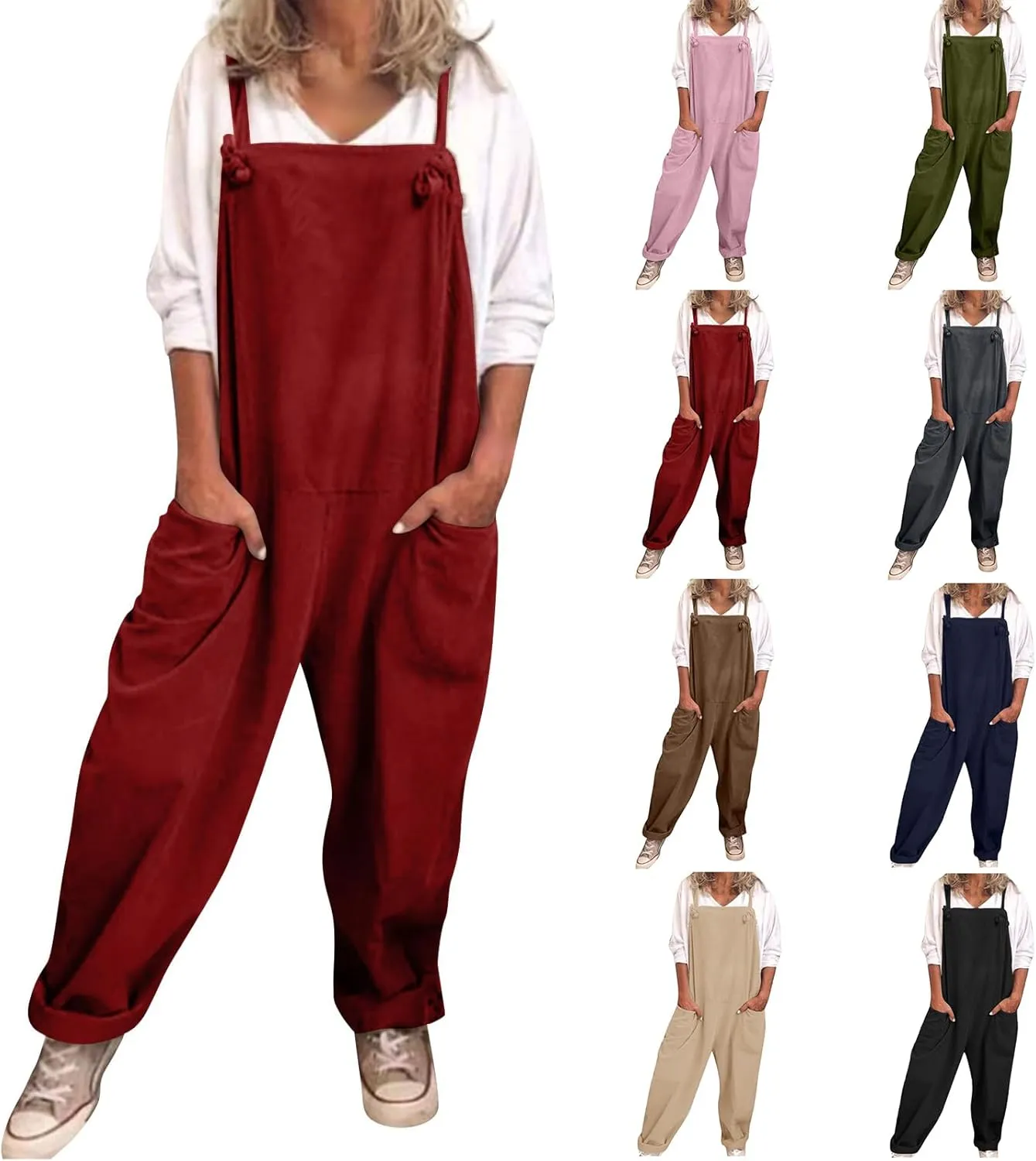 Plus Size Overalls for Women Loose Fit Casual Bib Overalls Adjustable Straps Button Sleeveless Jumpsuit with Pockets
