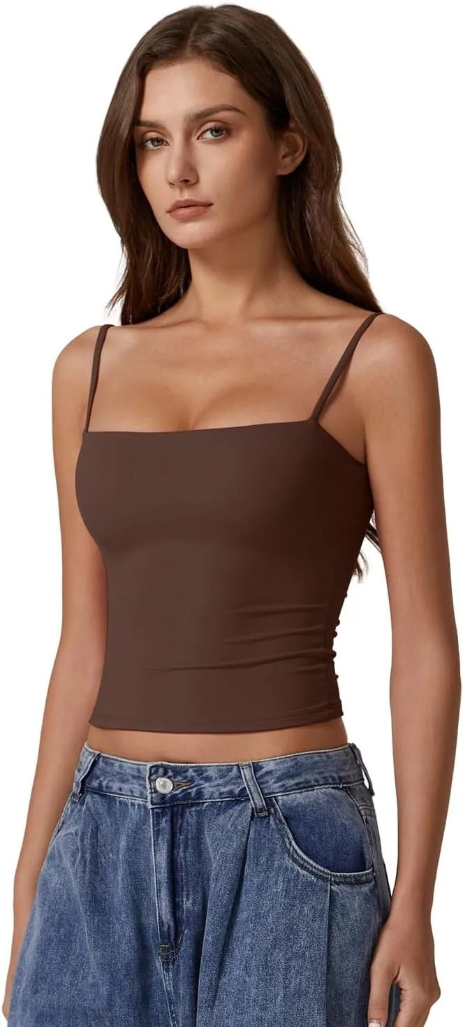 QINSEN Women's Double Lined Basic Tank Top Adjustable Spaghetti Straps Sleeveless Camisole Shirts