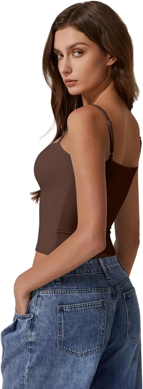 QINSEN Women's Double Lined Basic Tank Top Adjustable Spaghetti Straps Sleeveless Camisole Shirts