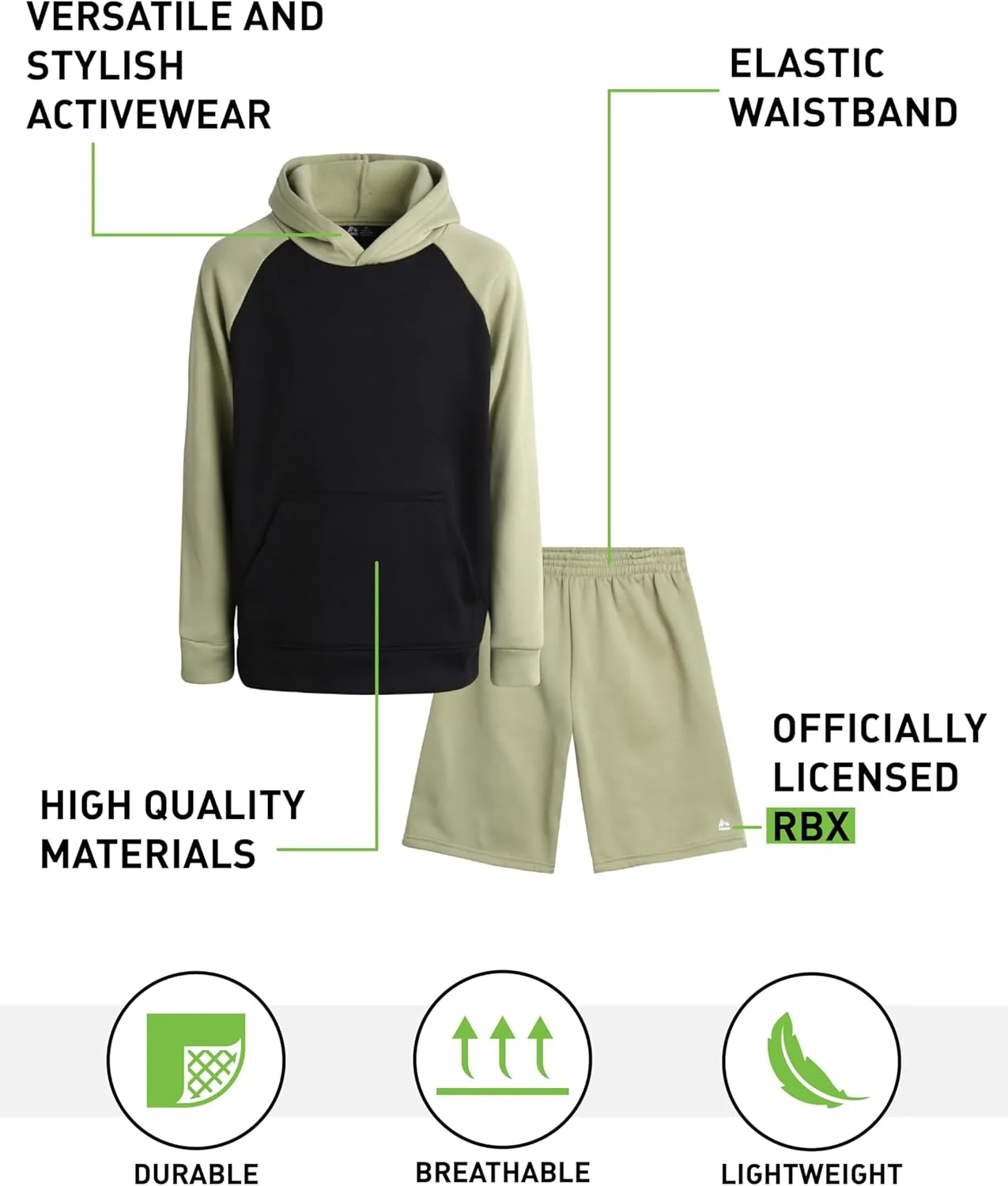 RBX Boys' Sweatsuit Set - 2 Piece Performance Fleece Hoodie Sweatshirt and Sweat Shorts (4-12)