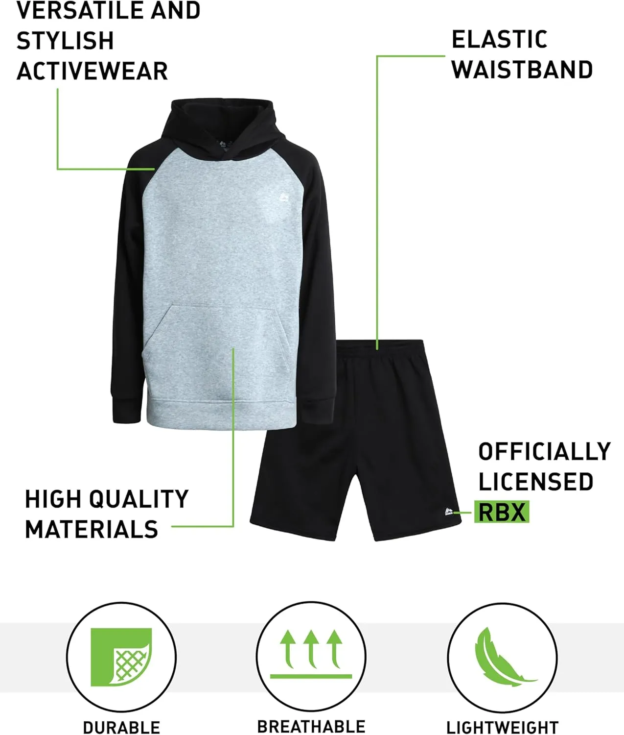 RBX Boys' Sweatsuit Set - 2 Piece Performance Fleece Hoodie Sweatshirt and Sweat Shorts (4-12)