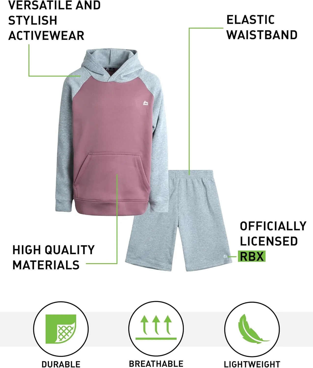 RBX Boys' Sweatsuit Set - 2 Piece Performance Fleece Hoodie Sweatshirt and Sweat Shorts (4-12)