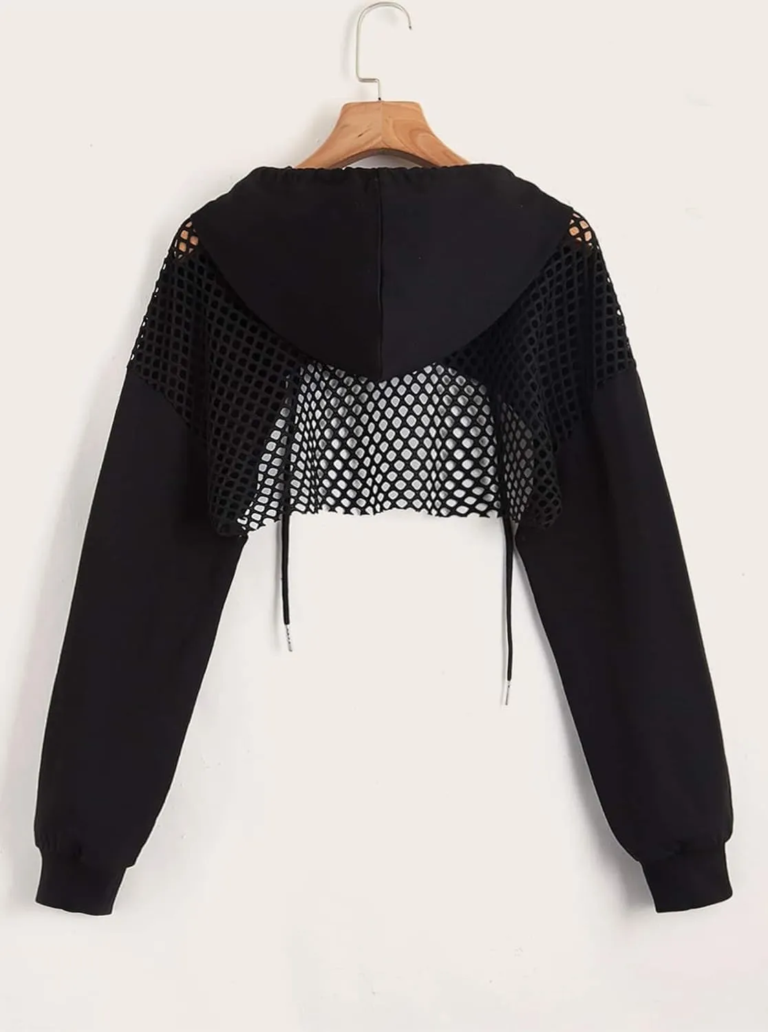 Remidoo Women's Fishnet Super Crop Hoodies Drawstring Long Sleeve Loose Fit Pullover Sweatshirt