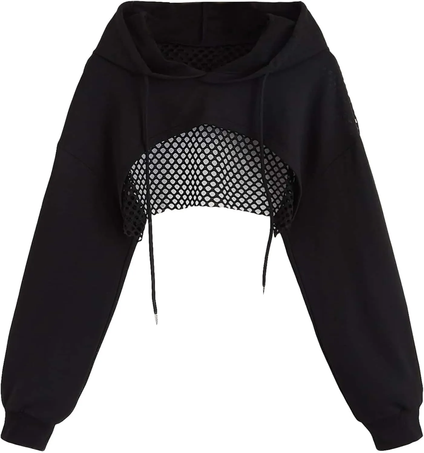 Remidoo Women's Fishnet Super Crop Hoodies Drawstring Long Sleeve Loose Fit Pullover Sweatshirt