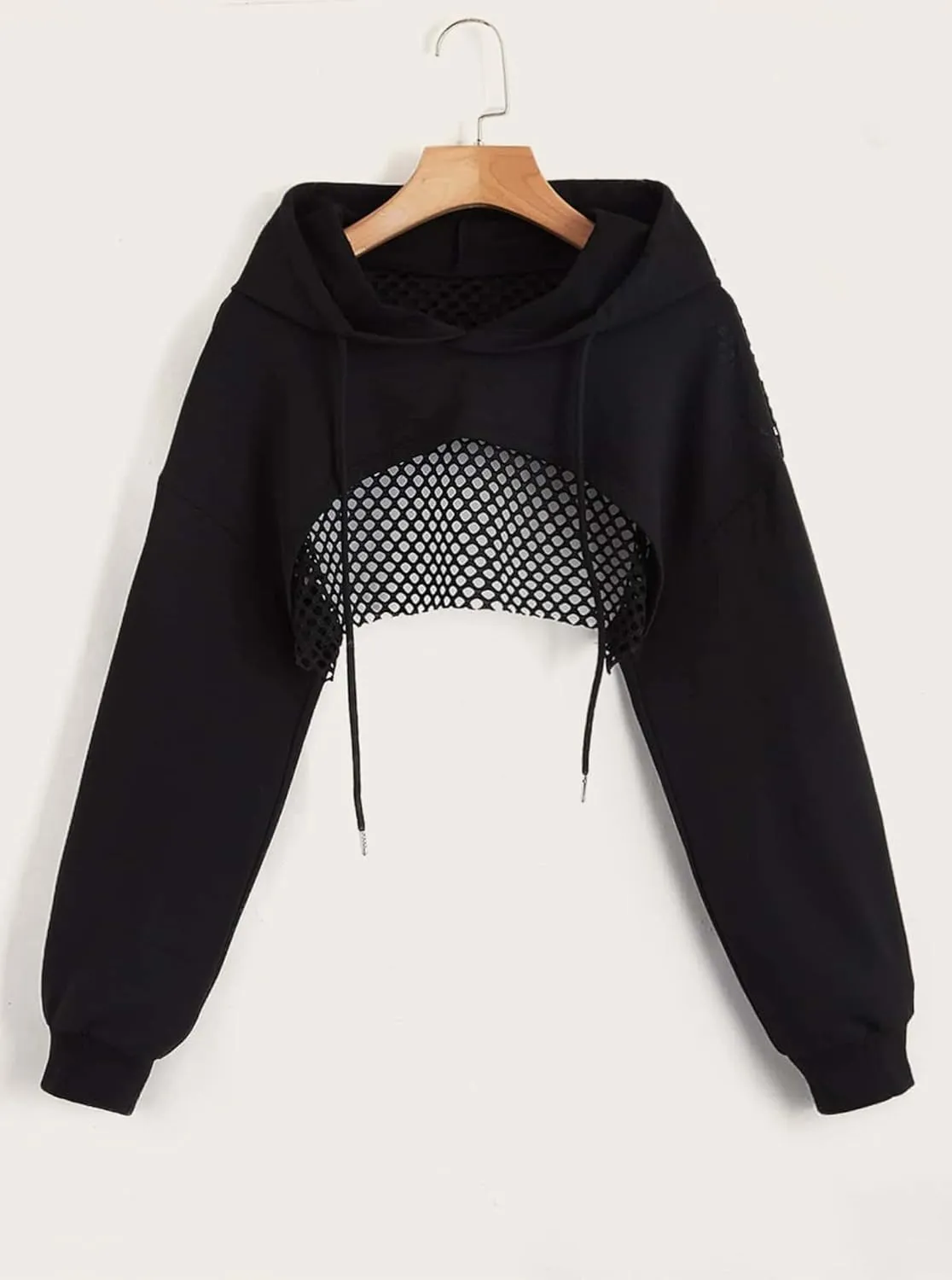 Remidoo Women's Fishnet Super Crop Hoodies Drawstring Long Sleeve Loose Fit Pullover Sweatshirt