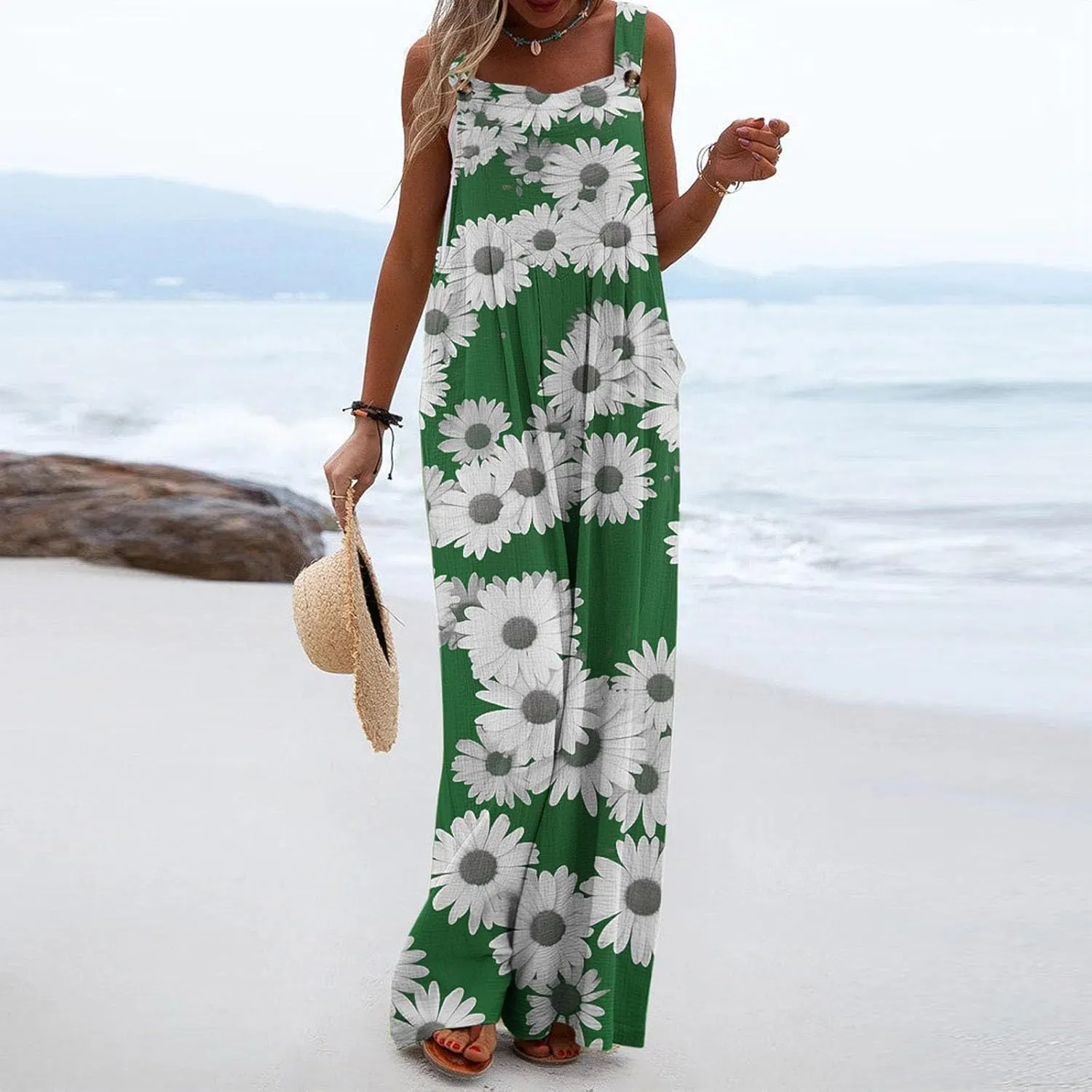 Rompers for Women Summer Print Design Jumpsuit Wide Leg Square Neck Jumpsuits with Button Casual Beach Vacation