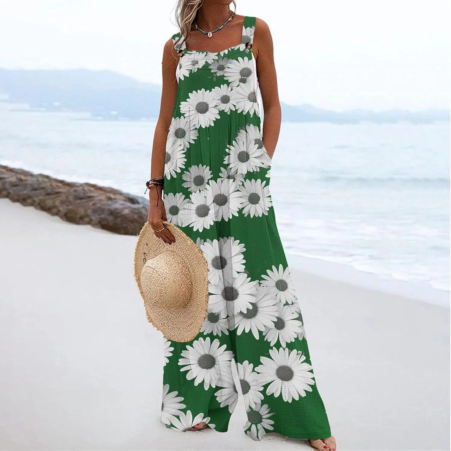 Rompers for Women Summer Print Design Jumpsuit Wide Leg Square Neck Jumpsuits with Button Casual Beach Vacation