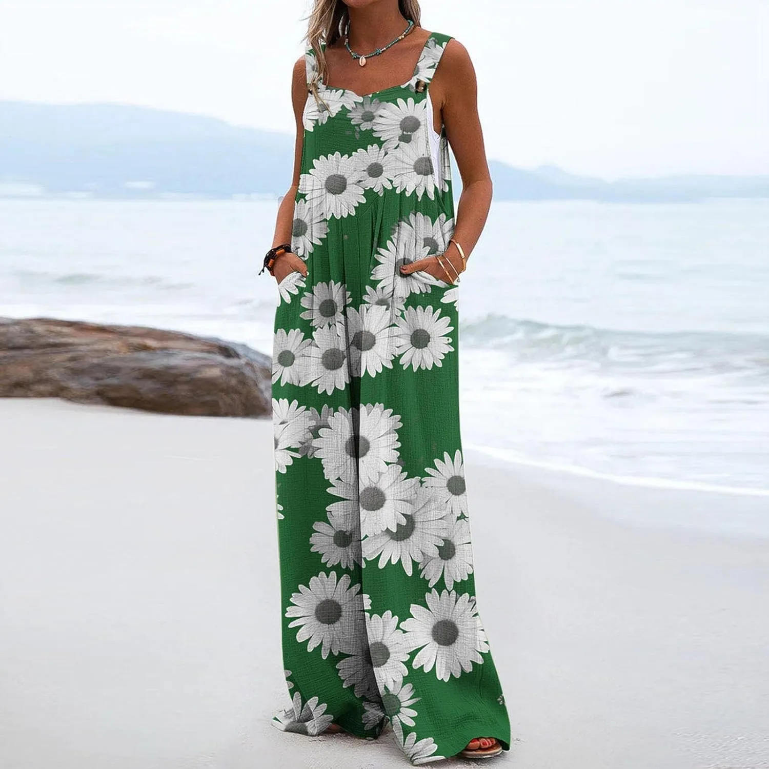 Rompers for Women Summer Print Design Jumpsuit Wide Leg Square Neck Jumpsuits with Button Casual Beach Vacation