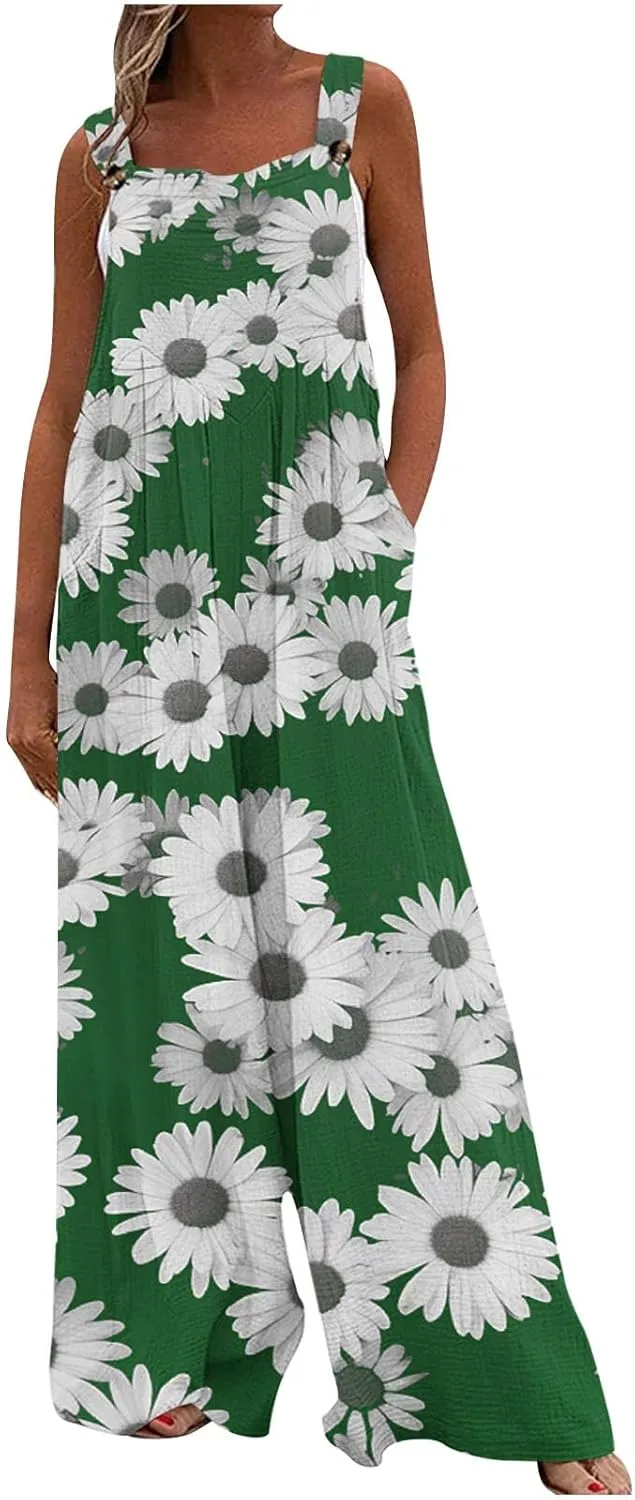 Rompers for Women Summer Print Design Jumpsuit Wide Leg Square Neck Jumpsuits with Button Casual Beach Vacation