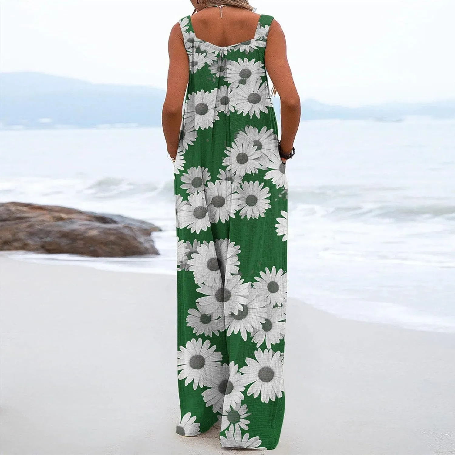 Rompers for Women Summer Print Design Jumpsuit Wide Leg Square Neck Jumpsuits with Button Casual Beach Vacation