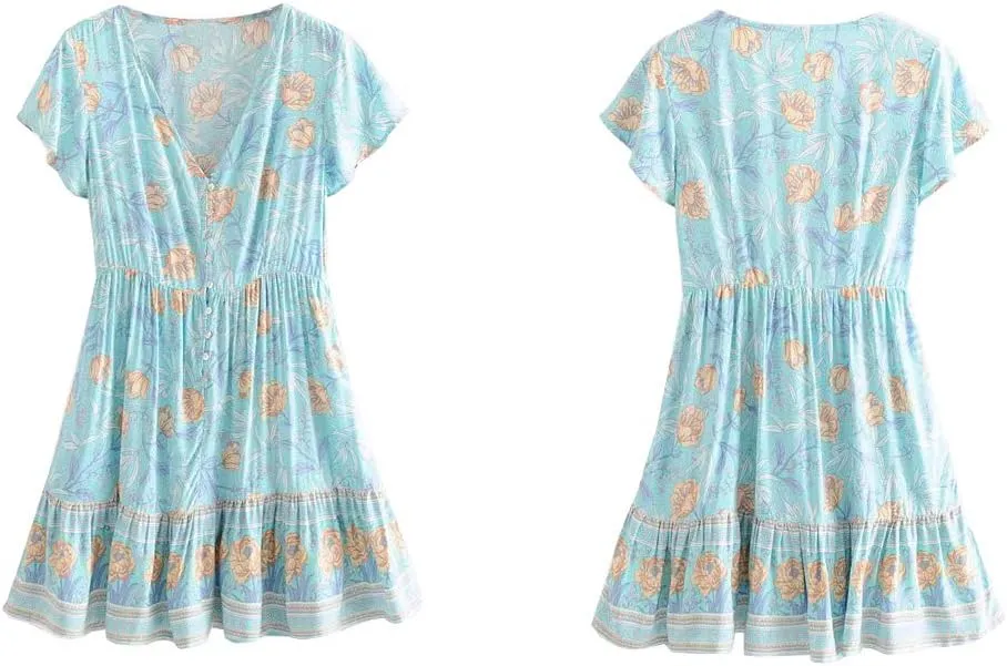 R.Vivimos Women's Short Sleeve Floral Print V Neck Cotton Tunic Dress